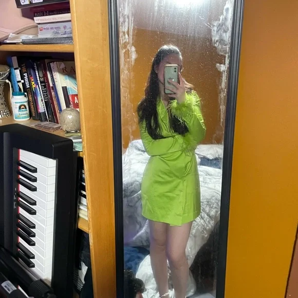 Lime green satin blazer dress with feather cuffs